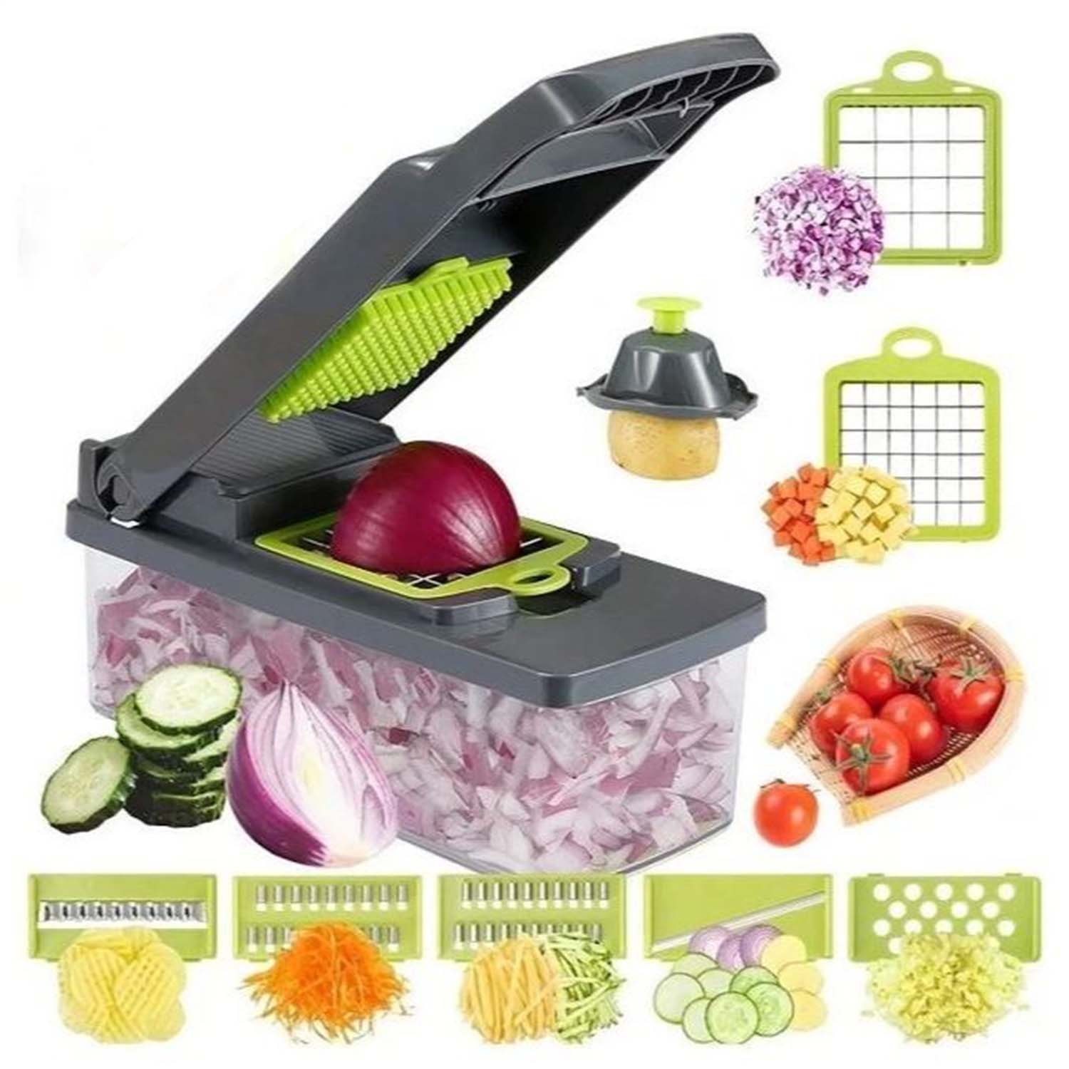 Cortador fatiador ralador de legumes frutas 16 em 1 multifuncional mandolin com lâminas inox recipiente picador multigoo