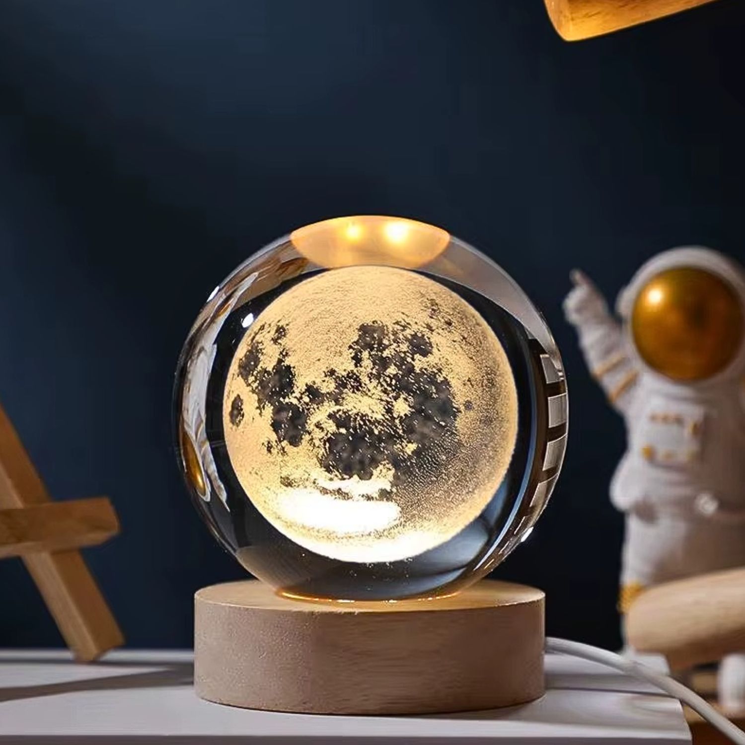 Luminária Bola De Cristal 3d Led Luz Quente Abajur De Mesa Lua Cheia